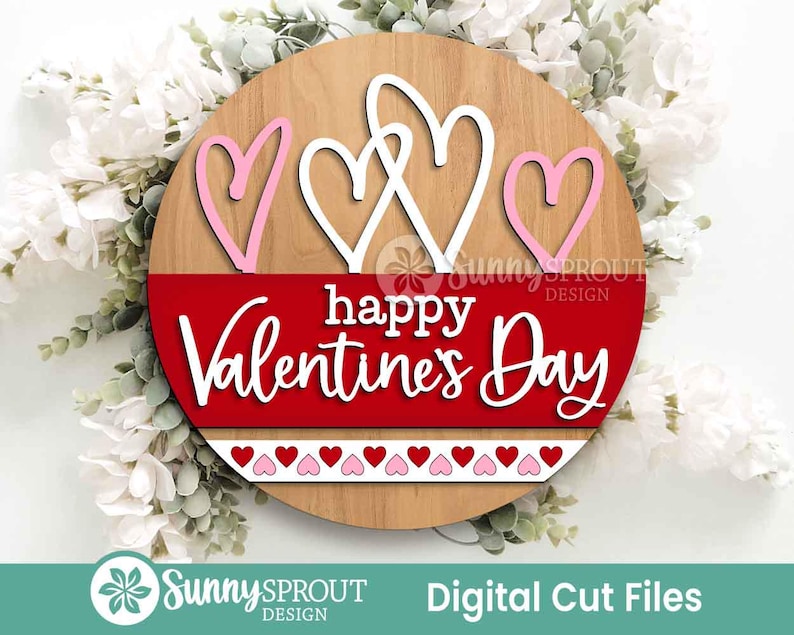 Happy Valentine's Day Heart Sign, Digital Download, SVG Laser Cut File, Cricut, Round Door Hanger Wall Art Design, Valentine's Day Decor image 1
