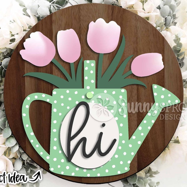 Salut arrosoir tulipe, téléchargement numérique, svg d'accroche-porte rond, fichier découpé au laser Glowforge, Cricut, Silhouette, svg de bienvenue fleur de printemps