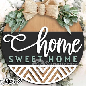 Enseigne géométrique Home Sweet Home, téléchargement numérique, accroche-porte rond svg, fichier découpé au laser Glowforge, enseigne modèle moderne, décoration de porte de ferme