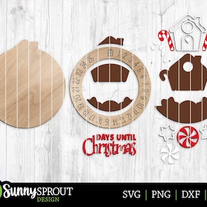 May include: A wooden Christmas countdown clock with a circular design. The clock has numbers 1 to 25 around the edge and a blank space in the centre. The clock is surrounded by a variety of Christmas-themed cutouts, including a house, candy canes, and stars.