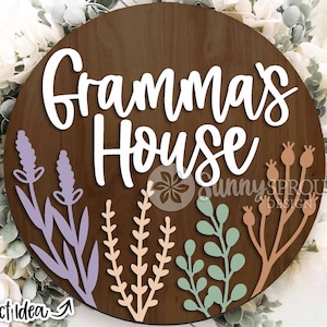 Cartello con fiori selvatici della casa della nonna, download digitale, appendino rotondo per porta in formato SVG, file laser Glowforge, Cricut, regalo per la festa della mamma, benvenuto nonna in formato SVG