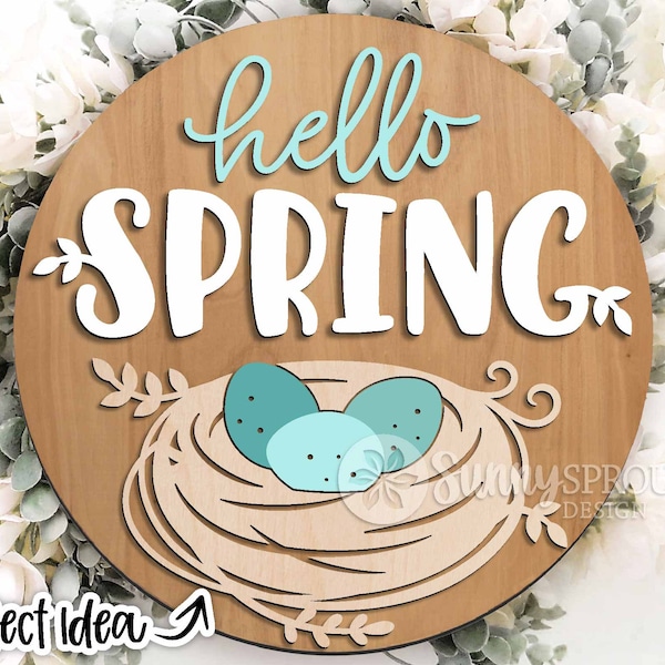 Hello Spring Robin Egg Nest Sign, Round door hanger svg, Glowforge laser cut file, Cricut, Spring svg, Welcome door sign, Nature decor