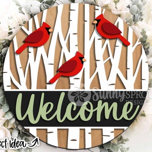 Bienvenue cardinal bouleau signe, téléchargement numérique, accroche-porte rond, fichier laser Glowforge, Cricut, décoration de Noël, hiver, signe oiseau svg