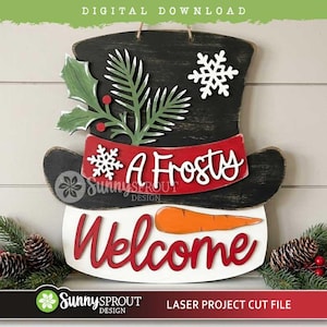 May include: A black top hat decoration featuring a red band with the white text A Frosty, green holly leaves with red berries, and a white snowflake. Below, a white base displays the orange carrot nose and red text Welcome.