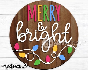 Merry & Bright String Lights, DIGITAL download, Winter round door hanger svg, Christmas sign, Cricut, Silhouette, Glowforge laser cut file