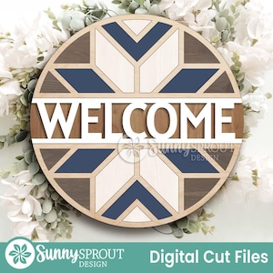 Panneau de bienvenue de courtepointe de grange, svg d'accroche-porte rond, fichier découpé au laser Glowforge, conception de vitrail, fichier de décoration murale courtepointe