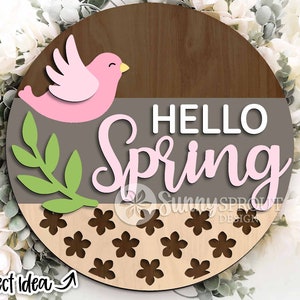 Hello Spring Bird and Branch Sign, Round door hanger svg, Glowforge laser file, Cricut file, Spring svg, Welcome door sign, Floral decor svg