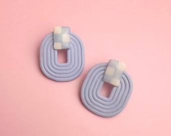 STRATTON | Oversized Geometric Checkered Oval Periwinkle Polymer Clay Earrings