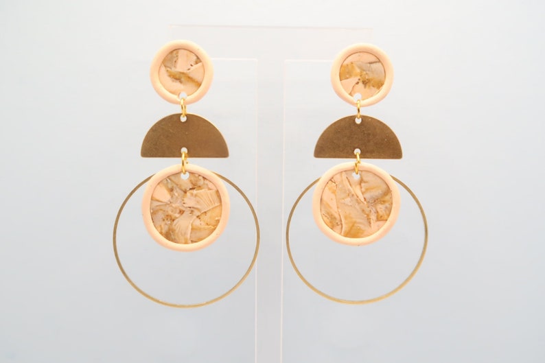 ATHENA Rose Quartz Geometric Polymer Clay Brass Statement Earrings