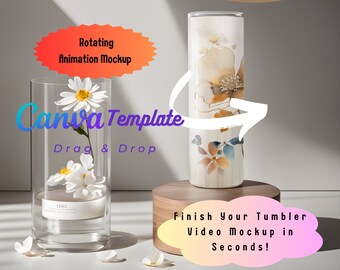 Rotating Tumbler Mockup Canva Video, 1 animation 15s video mock up, professional product photo 20oz skinny Bottle Sublimation Digital wrap