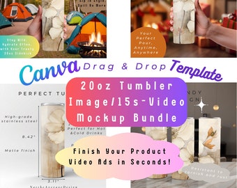 Tumbler Canva Mockup Bundle Rotating Reflecting, 15s Image Video Template Editable Detail Realistic Girl holding 20oz Bottle Sublimation