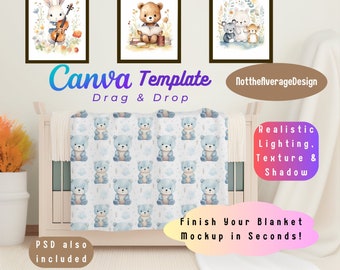 Modelo de cobertor de bebê Canva e PSD Smart Object, pacote pronto para usar modelo Velveteen Plush Minky Sherpa Fleece Kid Teen Girl mulher Throw