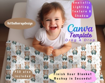 Könnte beinhalten: Eine Mockup-Vorlage für eine Babydecke mit einem sich wiederholenden Muster aus braunen Teddybären, die blaue Latzhosen tragen, auf weißem Hintergrund mit grünen Blättern. Der Text "Finish Your Blanket Mockup in Seconds!" befindet sich auf der Decke. Die Vorlage ist für die Verwendung mit Canva konzipiert.