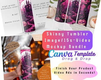 Tumbler Canva Mockup Image Video Bundle, Video Reflecting effect Handholding pose Product detail info 20oz Skinny Sublimation wrap Digital