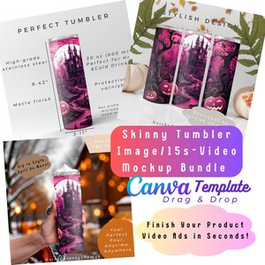 Tumbler Canva Mockup Image Video Bundle, Video Reflecting effect Handholding pose Product detail info 20oz Skinny Sublimation wrap Digital