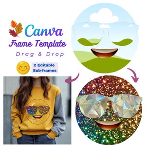 May include: A Canva frame template with two editable sub-frames. The template features a smiling emoji with sunglasses. The first sub-frame shows a blue sky with a white cloud and green hills. The second sub-frame shows a rainbow glitter background with iridescent sunglasses.
