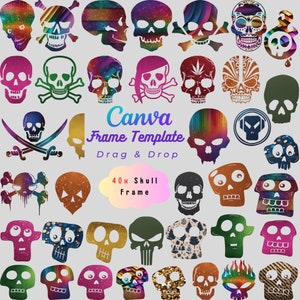 Skull Canva Frame Bundle, 40x Drag & Drop Design customized pattern element logo print for T-shirt card scrapbook junk journal sticker