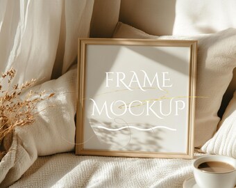 1x1 square frame Canva PSD mockup template, poster wall art photo painting artwork print realistic aesthetic modern