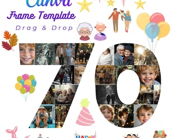 DIY 70 Birthday Family Photo Collage Customizable Canva Frame, Drag & Drop element logo print for T-shirt card Family Reunion gift