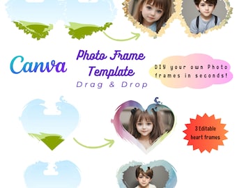 May include: Canva Photo Frame Template: Drag & Drop.  DIY your own photo frames in seconds!  Three editable heart frames with a blue, green, and pink watercolour design.