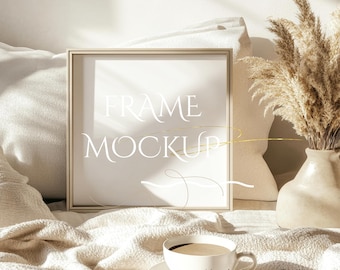 1x1 square frame Canva PSD mockup template, poster wall art photo painting artwork print realistic aesthetic modern