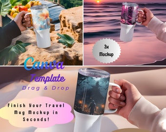 Travel Mug with Handle Canva Mockup Bundle, 3x Outdoor Professional product Tumbler photo template Bottle Sublimation wrap Digital aesthetic