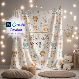 May include: A white blanket mockup with a repeating pattern of cartoon animals, flowers, and foliage. The blanket is hanging from a clothesline. The text "BLANKET MOCKUP" is displayed on the blanket. The words "Ps Canva Template Drag & Drop" are also visible.