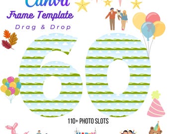 DIY 60 Birthday Family Photo Collage Customizable Canva Frame, 110+ Photo Drag & Drop print for poster T-shirt card Family Reunion gift