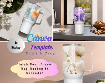 Travel Mug with Handle Canva Mockup Bundle, 3xProfessional product Tumbler photo template Bottle Sublimation wrap Digital Mock Up aesthetic