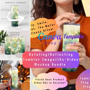 Roterende reflecterende Tumbler Canva Mockup, 15s Image Video Template Bundle Bewerkbare realistische meisje met 20oz fles Sublimatie wrap