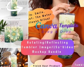 Rotating Reflecting Tumbler Canva Mockup, 15s Image Video Template Bundle Editable Realistic Girl holding 20oz Bottle Sublimation wrap
