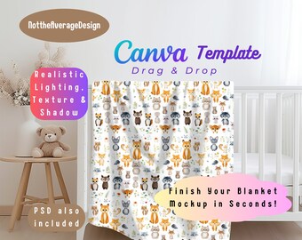 Könnte beinhalten: Ein weißes Babybett mit einer weißen Decke, die ein sich wiederholendes Muster aus Waldtieren zeigt, darunter Füchse, Waschbären und Eulen. Die Decke ist über die Seite des Babybetts gelegt und hat einen rosafarbenen Überzug mit dem Text "Finish Your Blanket Mockup in Seconds!" Das Bild ist ein Mockup für eine Canva-Vorlage.