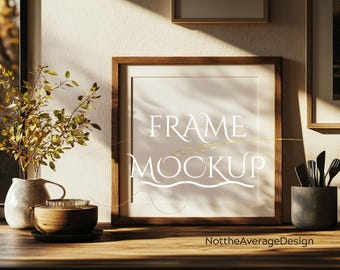 1x1 square frame Canva PSD mockup template, poster wall art photo painting artwork print realistic aesthetic modern
