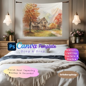 タペストリー モックアップ Canva PNG PSD、60X50 プリントイズ美的屋内壁ブランケットすぐに使えるテンプレート、5 つ買うと 50% オフのバンドル セール ボヘミアン エレガント