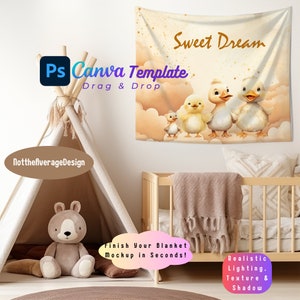 タペストリー モックアップ Canva PNG PSD、赤ちゃんの保育室の壁アート プリントイズ 屋内壁タペストリー すぐに使えるテンプレート、5 つ買うと 50% オフのバンドル セール