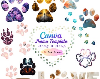 Paw Canva Frame Bundle, 10x Drag & Drop Cat dog Design customized pattern element logo print for T-shirt card scrapbook junk journal sticker