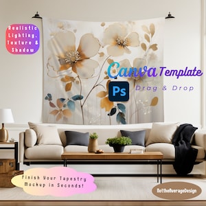 タペストリー モックアップ Canva PNG PSD、104x88 プリントイズ 屋内壁掛けタペストリー すぐに使えるテンプレート、5 個購入で 50% オフ バンドル セール ボヘミアン エレガント