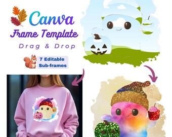 May include: A Canva frame template with a cute cartoon ghost holding a pumpkin. The template is editable and has 7 sub-frames. The ghost is wearing a hat and has a rainbow-colored body. The pumpkin is green and has a sparkly texture. The template is perfect for creating Halloween-themed designs.