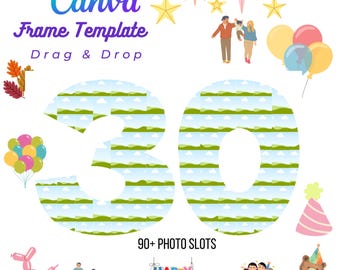 DIY 30 Birthday Family Photo Collage Customizable Canva Frame, 90+ photo Drag & Drop element logo print for T-shirt card Family Reunion gift