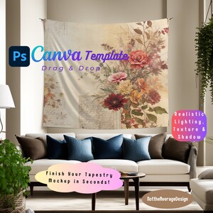 タペストリー モックアップ Canva PNG PSD、104x88 プリントイズ 屋内壁掛けタペストリー すぐに使えるテンプレート、5 個購入で 50% オフ バンドル セール ボヘミアン エレガント