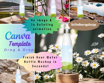 Paquete de maquetas Canva de vaso giratorio de 17 oz, 1 animación de botella de agua y 4 plantillas de fotografía de producto profesional Envoltura de sublimación png digital
