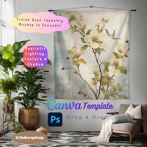 タペストリー モックアップ Canva PNG PSD、68x80 プリントイズ 屋内壁タペストリー ブランケット すぐに使えるテンプレート、5 個購入で 50% オフ バンドル セール ボヘミアン エレガント