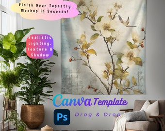 Tapestry Mockup Canva PNG PSD, 68x80 printify indoor wall tapestries blanket Ready to use template, Buy5get50%off bundle sale boho elegant
