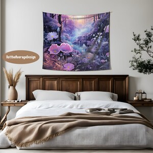 May include: A tapestry featuring a whimsical forest scene with a stream running through it. The forest is filled with purple and pink flowers, including poppies and daisies. The background is a soft blue and purple gradient, creating a dreamy atmosphere.