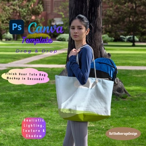 May include: A woman is holding a large, white tote bag with a green and blue landscape design. The bag has a rope handle and is made of canvas. The woman is standing in a grassy area with trees in the background. The text "NotthefiverageDesign" is visible in the lower right corner of the image.