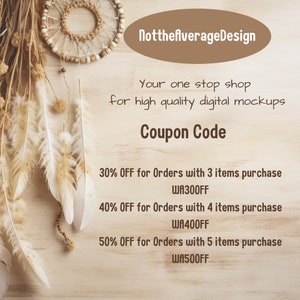 May include: A digital mockup coupon code graphic with a brown background and white text. The text reads "NotthefAverageDesign" and "Your one stop shop for high quality digital mockups". The coupon code is "WA300FF" for 30% off, "WA400FF" for 40% off, and "WA500FF" for 50% off.
