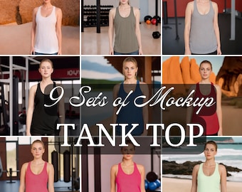 May include: Nine sets of tank top mockups featuring women wearing different colours of tank tops in various settings. The text "9 Sets of Mockup TANK TOP" is superimposed on the image.