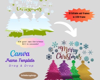 May include: A Canva frame template featuring three Christmas trees with a "Merry Christmas" text overlay. The template is designed for drag and drop functionality, allowing users to customise the design with their own images and colours.