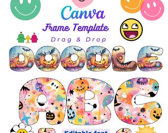 Doodle Letter Number Canva Frame Bundle, DIY Custom Drag Drop sublimation print for Mug Tshirt card scrapbook junk journal sticker