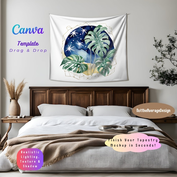 Tapestry Mockup Canva PNG PSD, printify indoor wall tapestries Ready to use template, Buy5get50%off bundle sale boho elegant